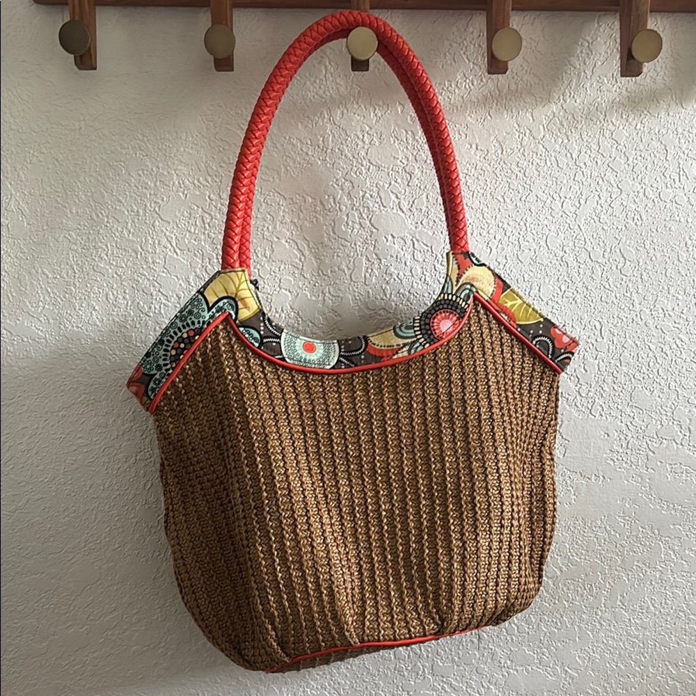 Vera Bradley Orange and Brown Woven Tote Bag with Floral Design
